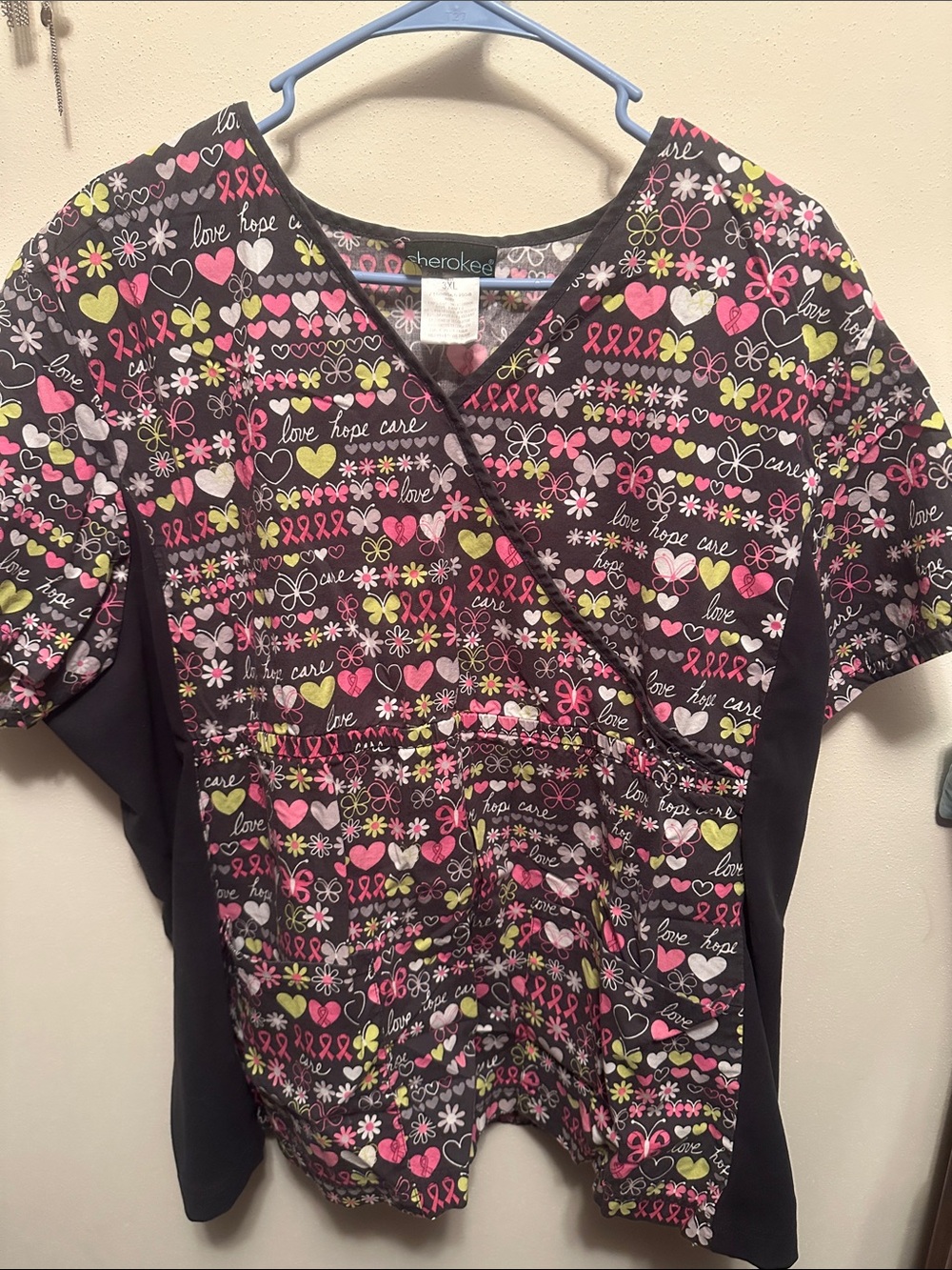 Cherokee Black Scrub Top with Pink & Lime Ribbon and Heart Print - Picture 1 of 3
